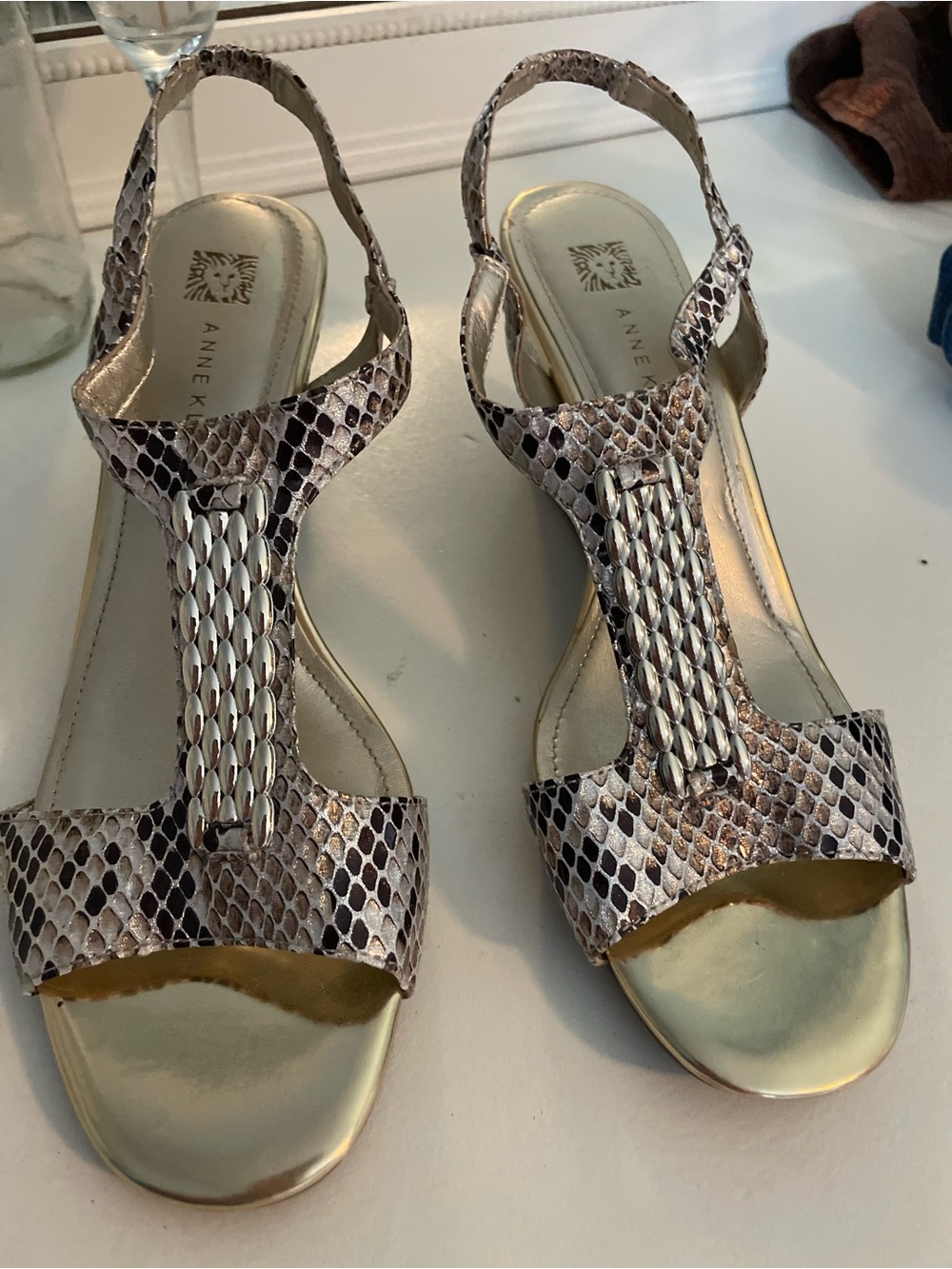Anne Klein Gold and Brown Snake-Print T-Strap Sandals